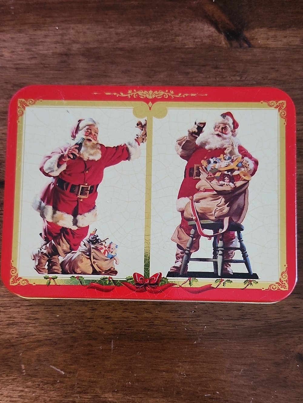 Coca Cola Coke Holiday Santa Tin Holding 2 Sets Of Sealed Playing Cards